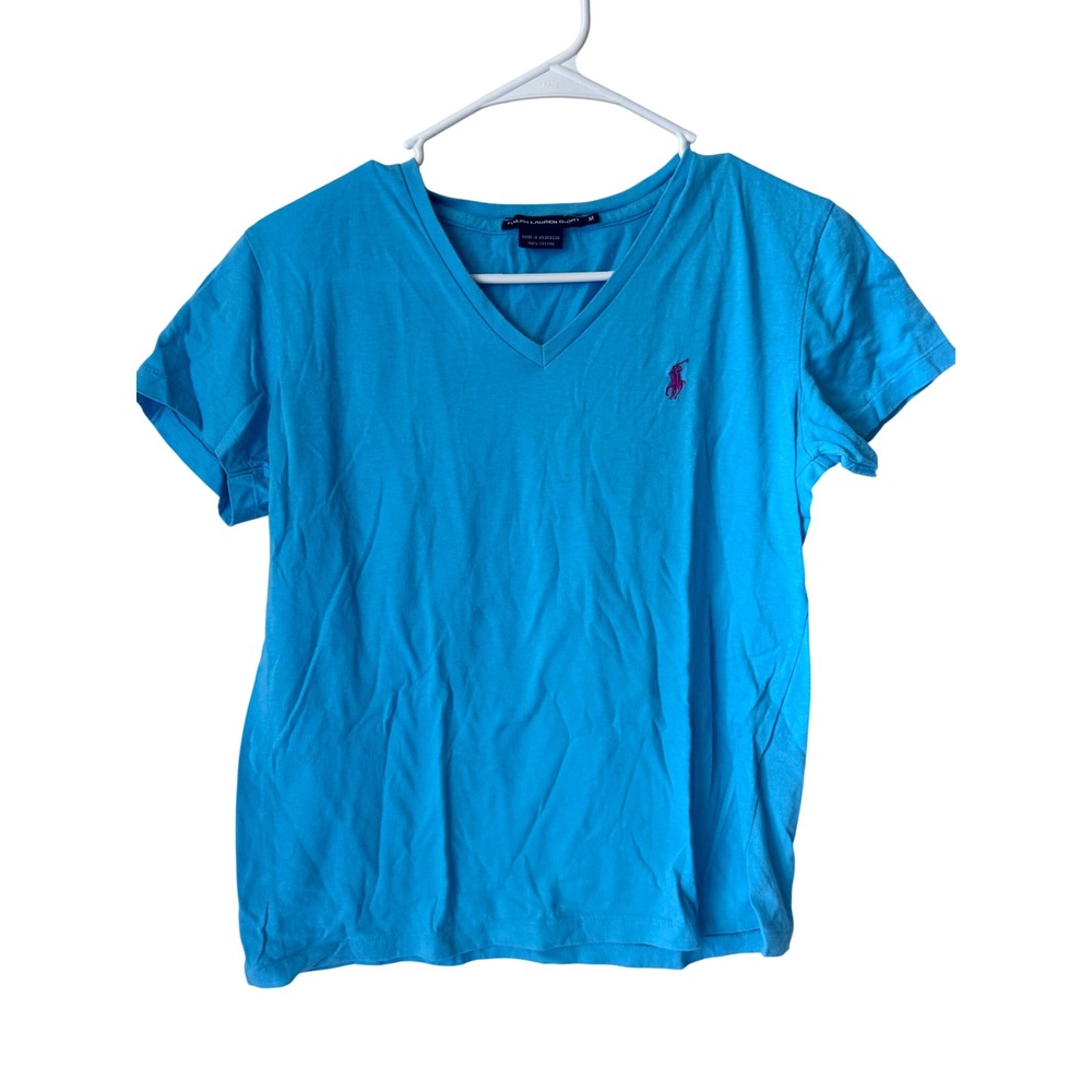 Ralph Lauren Sport Turquoise Blue V-Neck Cotton Tee Shirt Purple Pony Logo M